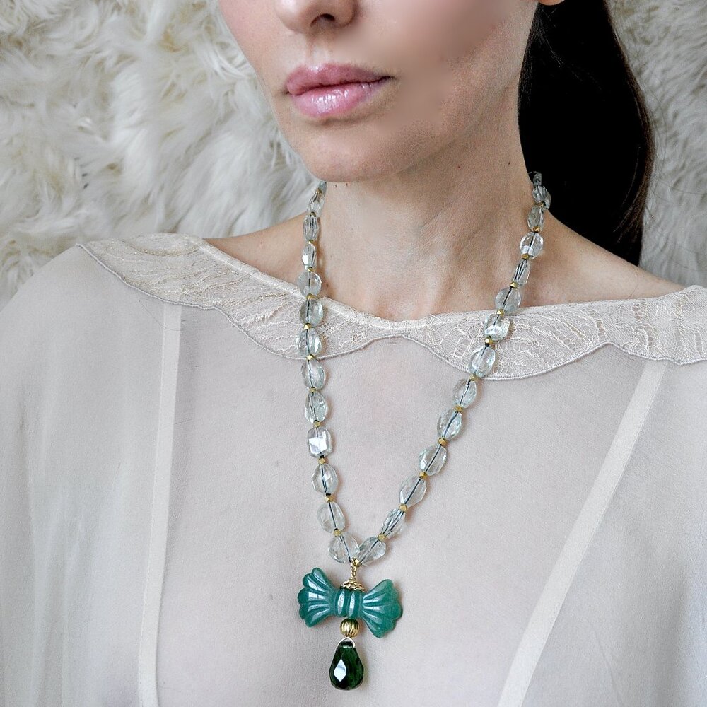 14KGold Filled Green Amethyst & Aventurine Ribbon Knotted OOAK Necklace - Picture 6 of 7